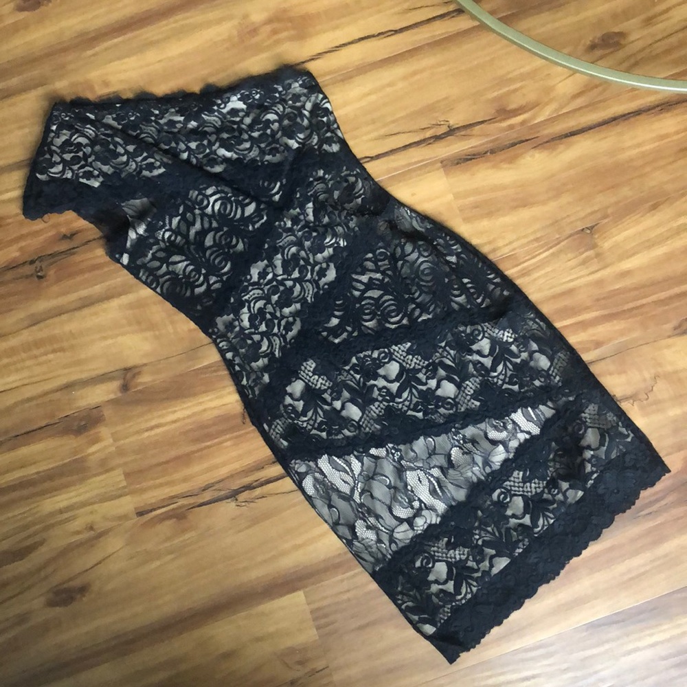 BEBE one shoulder black lace mini